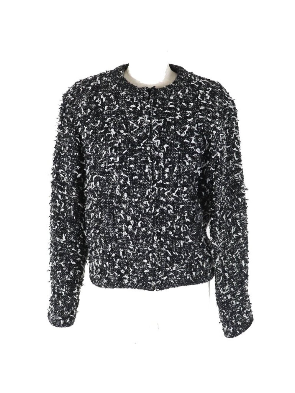 Chanel Alpaca Blend CC Logo Button Ribbon Tweed Collarless Zip Up Jacket Black